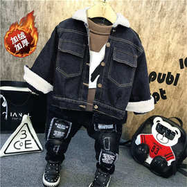 冬款男童套装毛领牛仔外套+卫衣+加绒牛仔裤三件套一件代发A5953