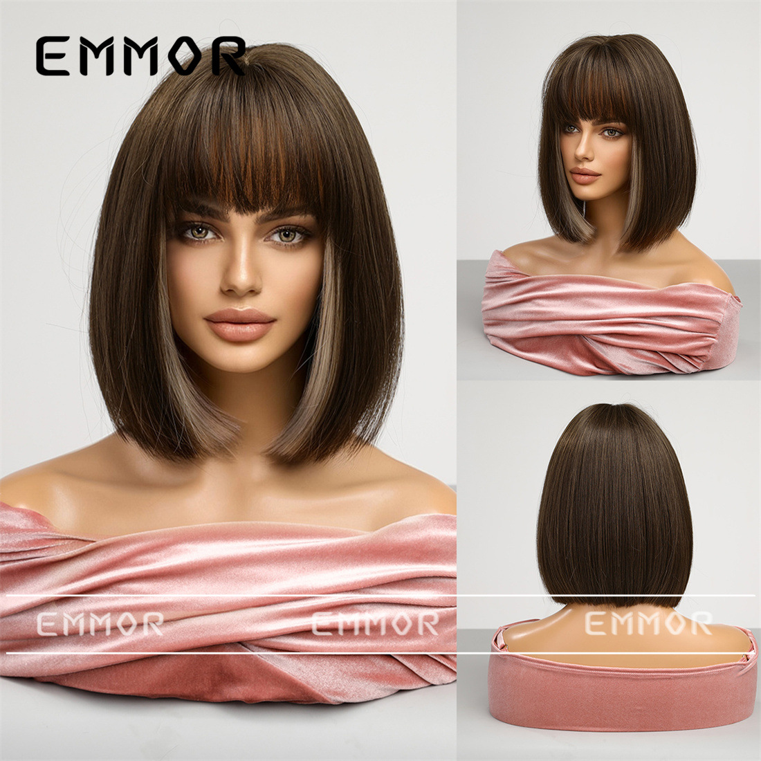 Transfronterizo flequillo negro marrón teñido púrpura Pelo Corto Bobo clavícula pelo completo cabeza cubierta en línea celebridad COS personalidad peluca