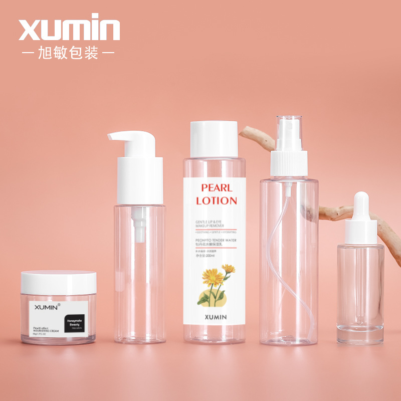 Xumin en stock material de embalaje productos para el cuidado de la piel botella transparente 100mL botella de spray blanco 200ml botella de tapa de tóner