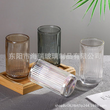 創意新款豎條紋玻璃杯透明金色金口簡約家用餐廳果汁杯