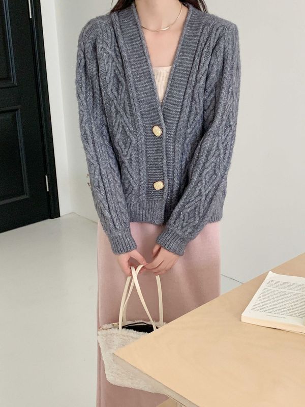 嘉织丨粗棒针绞花厚毛衣开衫 复古英伦V领纽扣上衣女B3135|undefined