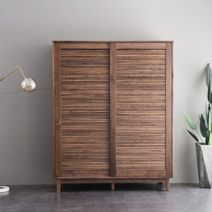 North American black walnut solid wood breathable wardrobe Japanese modern minimalist cherry wood minimalist sliding door wardrobe