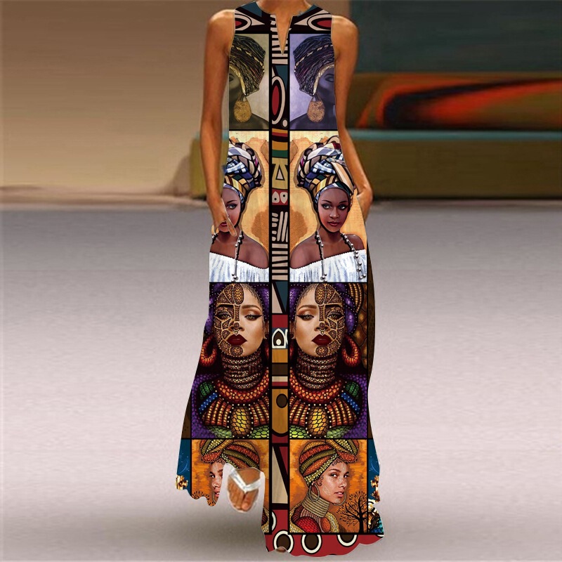 Fashionable Women's Sleeveless African Beach Dress New Party Sexy Elegant Wave Party Long Dress Siam