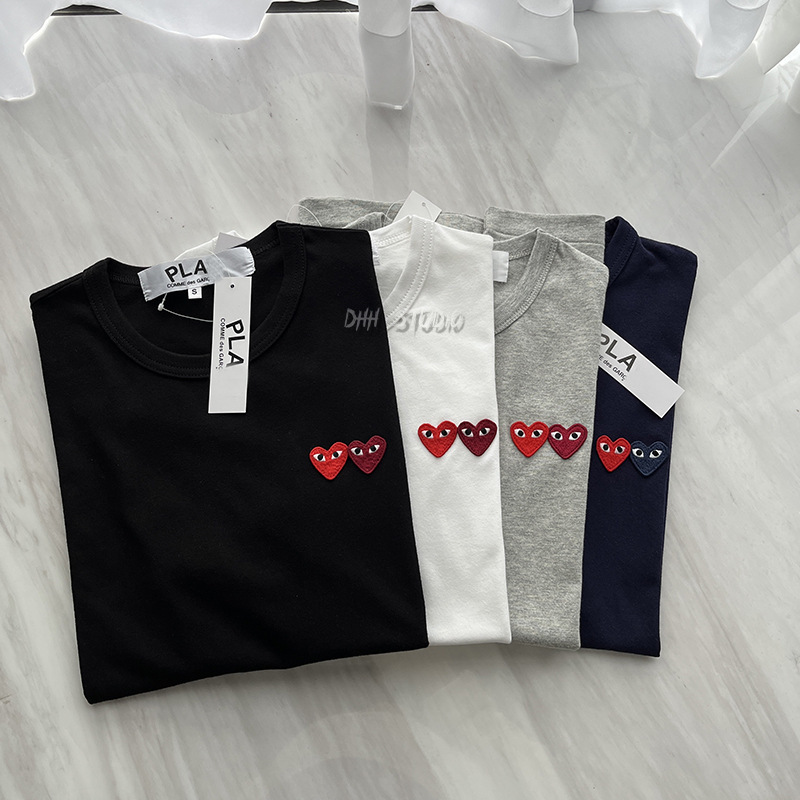 2023 Spring and Summer Age-Reducing Rukawa Long-Term Play Double Heart T-Shirt Pure Cotton Pure Color Round Neck Couple Heart Trendy Brand Short Sleeves