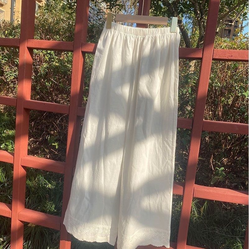 春夏季新款文艺复古休闲裤花边刺绣阔腿裤宽松九分拼接蕾丝裤女装|undefined