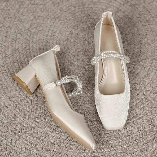 Thick-Heeled Wedding Shoes, Off-White Velvet Single Shoes, Women's French-Style Pearl Mary Jane High-Heeled Shoes, Banquet Toast Shoes