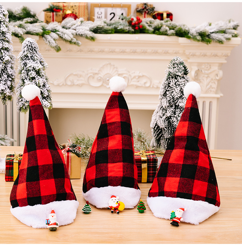 Christmas New Christmas Decoration Plush Edge Plaid Christmas Hat High-end Children's Red and Black Hat Adult Hat_voghion.com