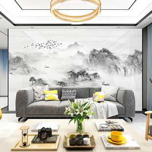 客厅壁布电视沙发背景墙浮雕墙布高级感轻奢新中式山水画墙布厂家-阿里巴巴