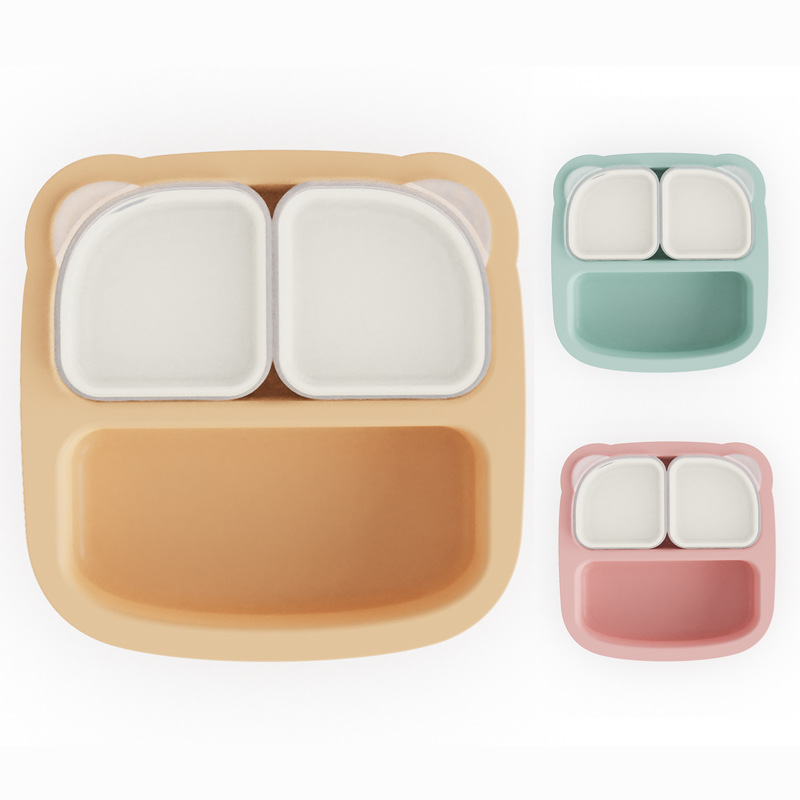 Silicone Dinner Plate Compartment Baby Tableware Set Anti-Fall Cup Feeding Set Baby Supplies 3-Piece Set