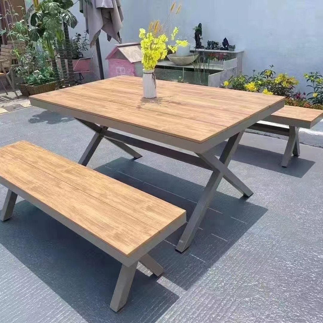 Mesas y sillas de patio al aire libre, mesas grandes, balcones, campamentos de ocio, mesas y sillas de madera de plástico de madera anticorrosiva, mesas exteriores de café y té con leche