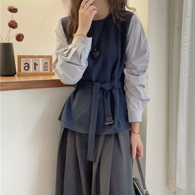 假两件拼接收腰长袖衬衫女2025秋季时尚系带洋气遮肚外穿套头上衣