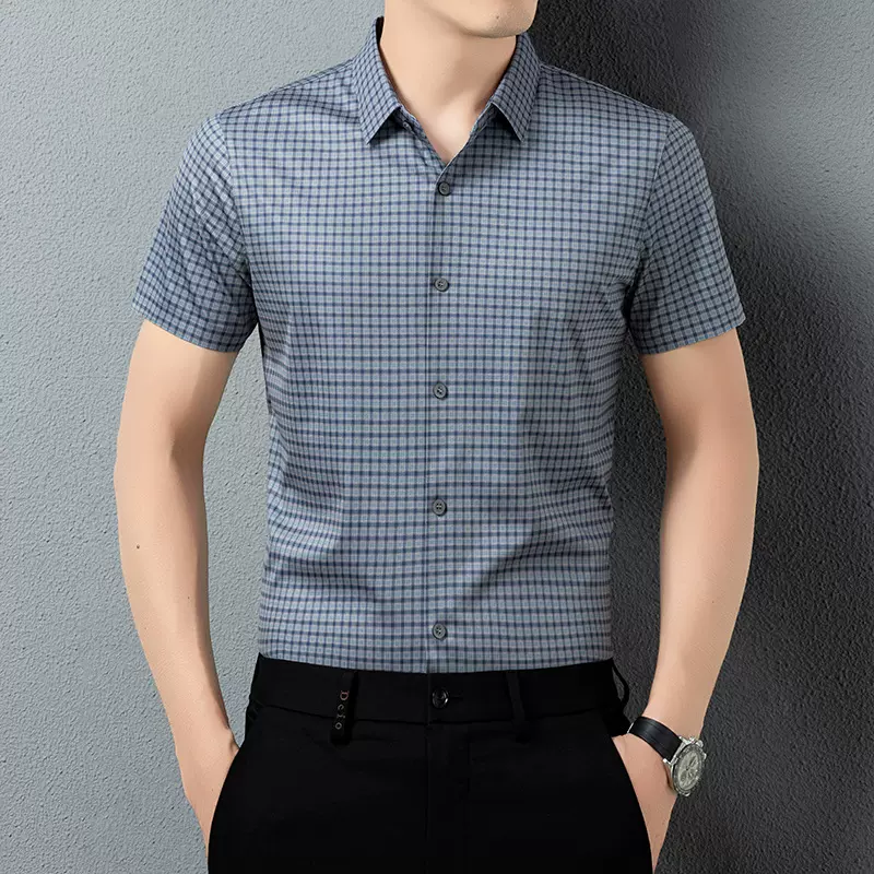 撞色格子短袖衬衫男款夏季直筒翻领商务透气抗皱中年爸爸装批发