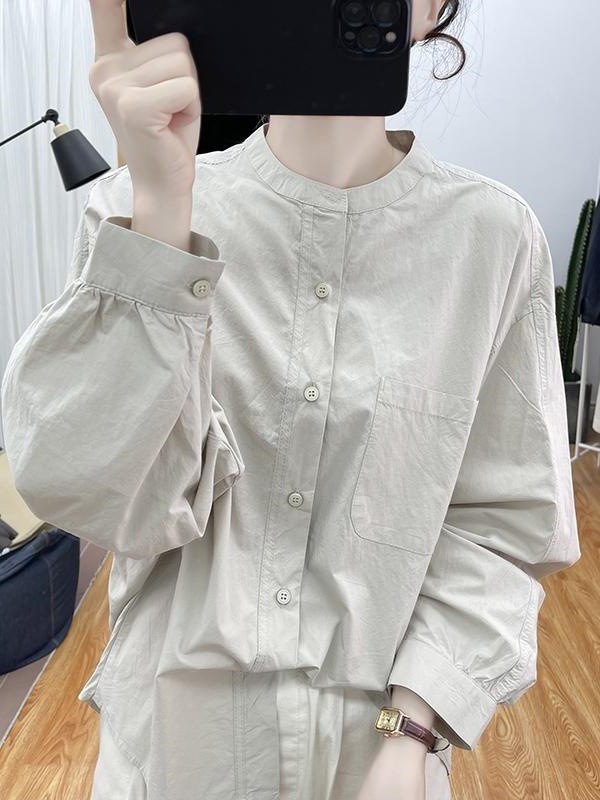 早秋设计感纯棉小立领长袖衬衫女宽松上衣2025新款打底衬衣A5656|undefined