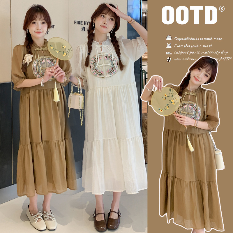 Pregnant Women's Hanfu Dress Large Size Loose Belly Covering Vintage Chinese Style High-grade Pregnant Women's Summer Dress Over-knee Long Dress