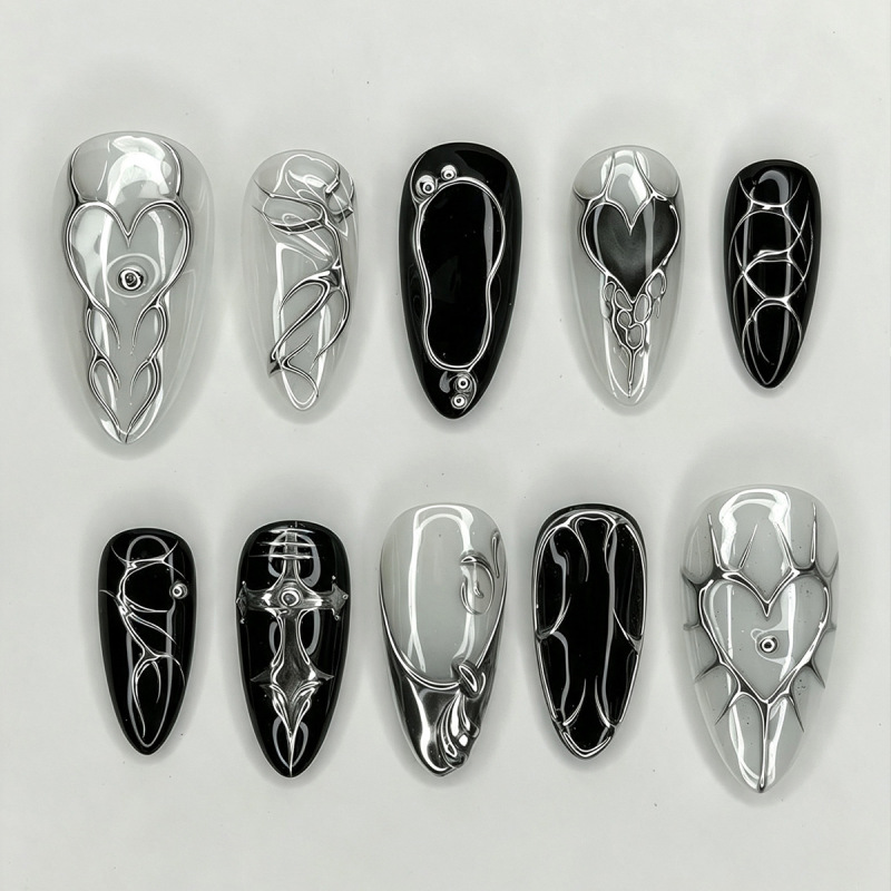 Dark Gothic Metal Wearable Nails with 3D Silver Lines and Heart Design, Silver Plated, for Hot Girls, Handmade Nail Stickers, Detachable, Wholesale