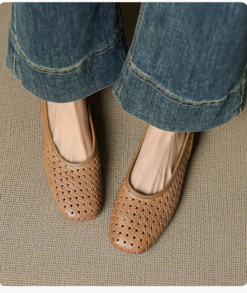 Sandal nữ đế bệt mũi bọc da bò, quai sau hở, phong cách vintage đan lỗ — đen chi tiết 7