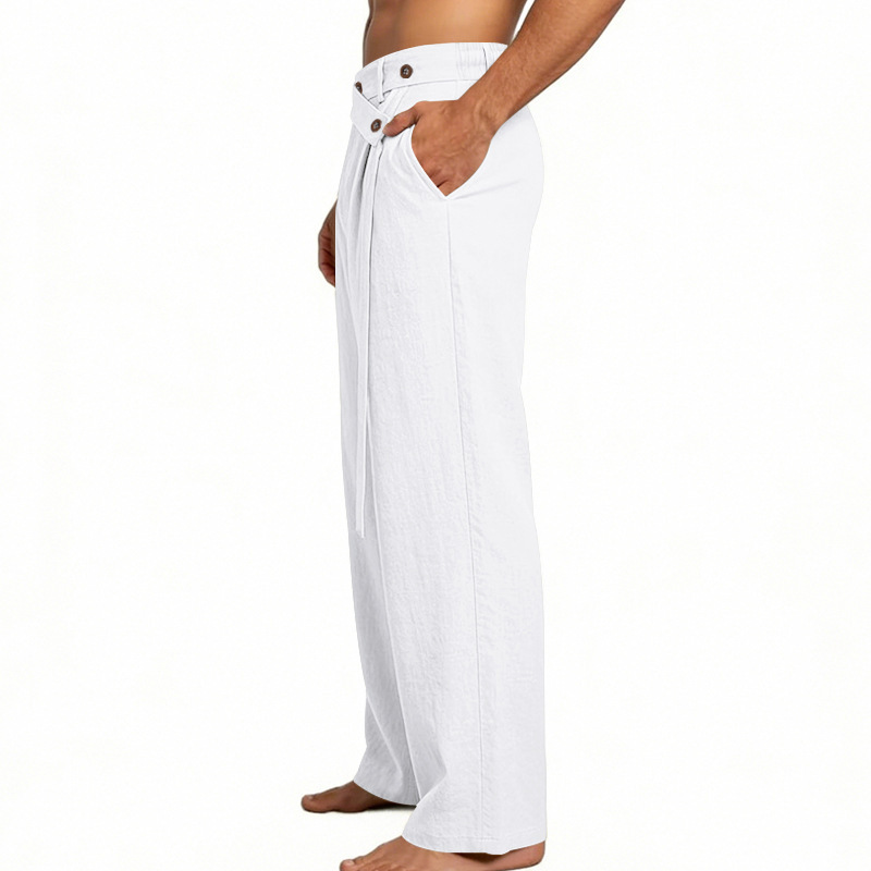 Men's Solid Color Linen Pants Simple Loose Fit High End Straight Leg Casual Midweight Polyester Long Trousers_viptrois.com