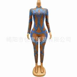 新款性感欧美小众奢华水钻网纱修身连体裤歌手夜场酒会演出蓝金鱼