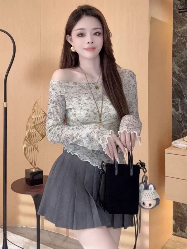法式碎花斜肩长袖t恤早秋女装2025新款独特漂亮小衫掐腰打底上衣|undefined