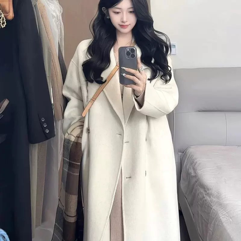 燕麦色毛呢大衣女2024秋冬新款韩版宽松中长款爆款呢外套