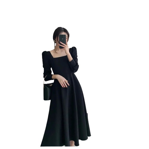 Women's Black Long Sleeve Square Neck Dress, High-Quality Plus Size Long Dress, Autumn Thin Version, Slimming Waist, Pictures and Colors Available