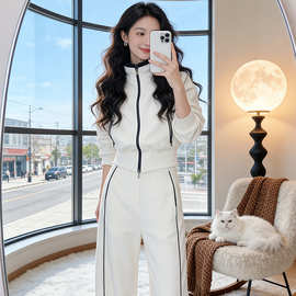 时尚潮流休闲套装女2026春新款长袖开衫外套高腰阔腿裤跑步两件套