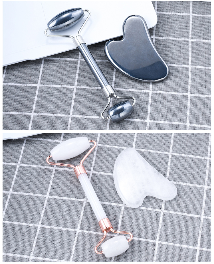 Wholesale natural jade powder crystal cylinder scraping board massage rod face roller jade set universal for full body