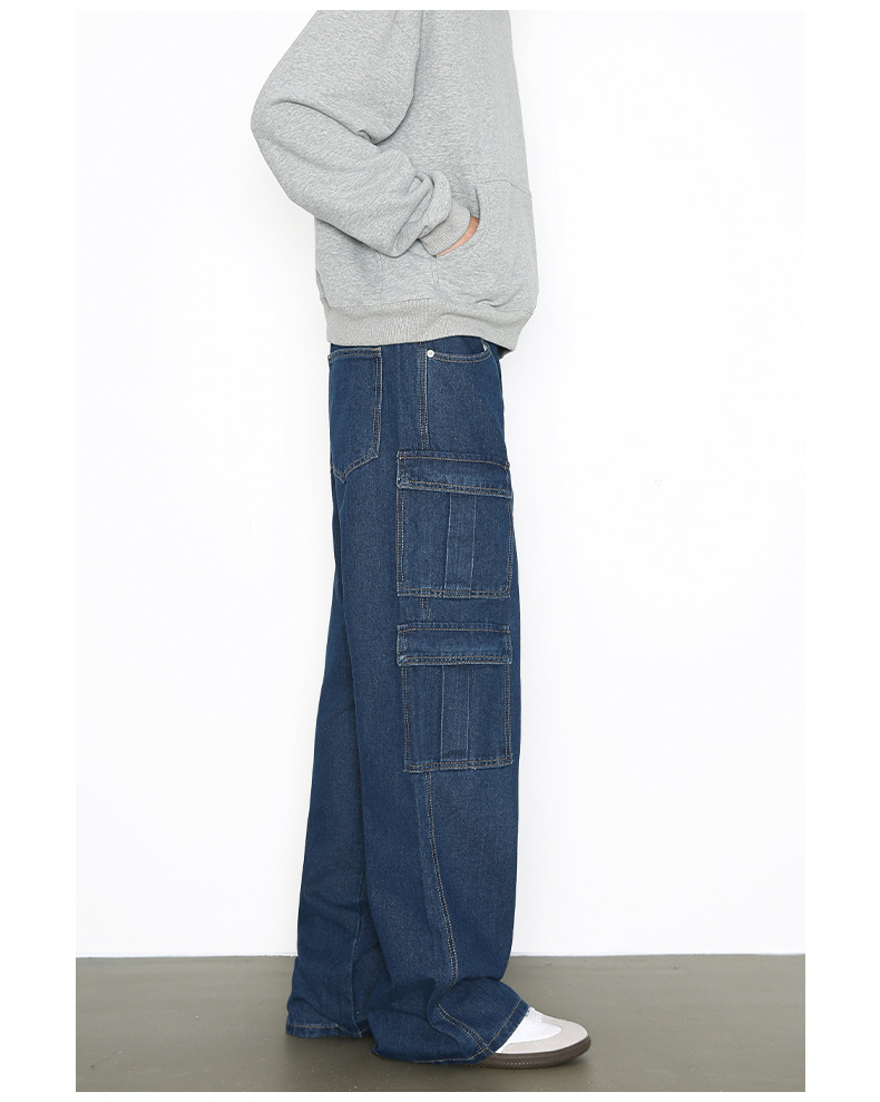 Vintage Washed Denim Cargo Pants - Relaxed Fit Multi-Pocket Workwear Jeans For Men_mkmklike.com