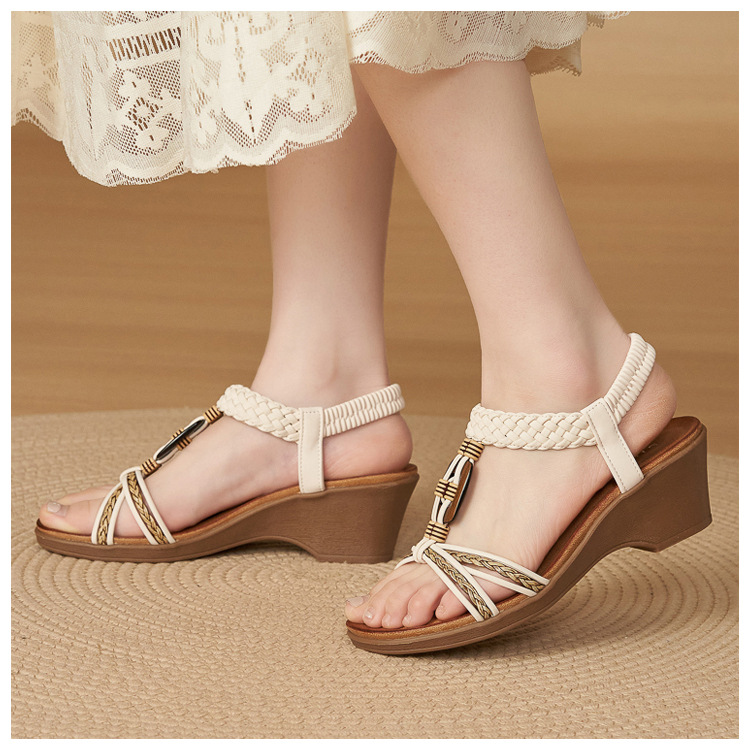 Dép sandal đế xuồng nữ khóa gỗ phong cách Amazon mùa hè 2025 — màu đen, Trắng, mơ chi tiết 10
