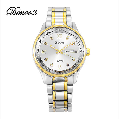 丹弗士男士手表简约实用双日历全自动石英防水时尚罗马刻度学生表