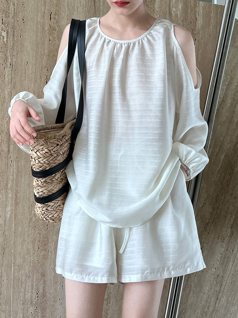 Texture Hollow Out Cutout Out Shoulder Baring Sun Protection Tencel Top Shorts Two Piece Set Suit Summer