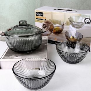 Glass Bowl with Lid Tea Binaural Salad Cooking Tableware Household suit Vertical Grain Bubble Noodle Opening Gift Giving Drainage