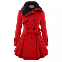 【亚码】欧美女装大毛领修身长款毛呢外套双排扣呢子大衣风衣时髦