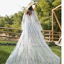 2020夏季拖地新款蕾丝绑绳性感透视开衫比基尼沙滩防晒长款罩衫