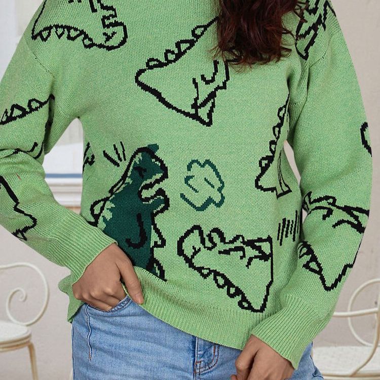 Cross-Border New European and American Autumn and Winter Sweaters for Women Amazon Loose Long-Sleeved Round Neck Cartoon Dinosaur Pullover Sweaters