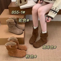 复古内增高平底短靴女2025秋新款皱褶圆头堆堆勃肯靴西部牛仔单靴