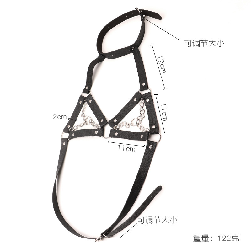 Chain Bra Lingerie with Leather Hand and Leg Restraint Cuffs, Pink One Size — detail image 4