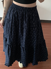藏青色碎花木耳边半身裙女秋季松紧腰宽松显瘦裙子大摆A字裙伞裙