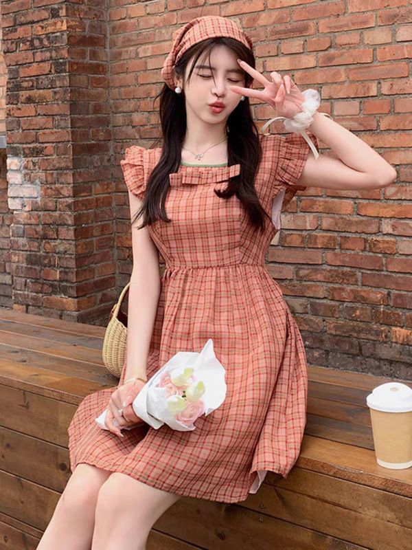 小さなフライングスリーブチェック柄ドレス女性の夏の 2025 新しいフレンチレトロリボン小柄なデザインスカート|undefined