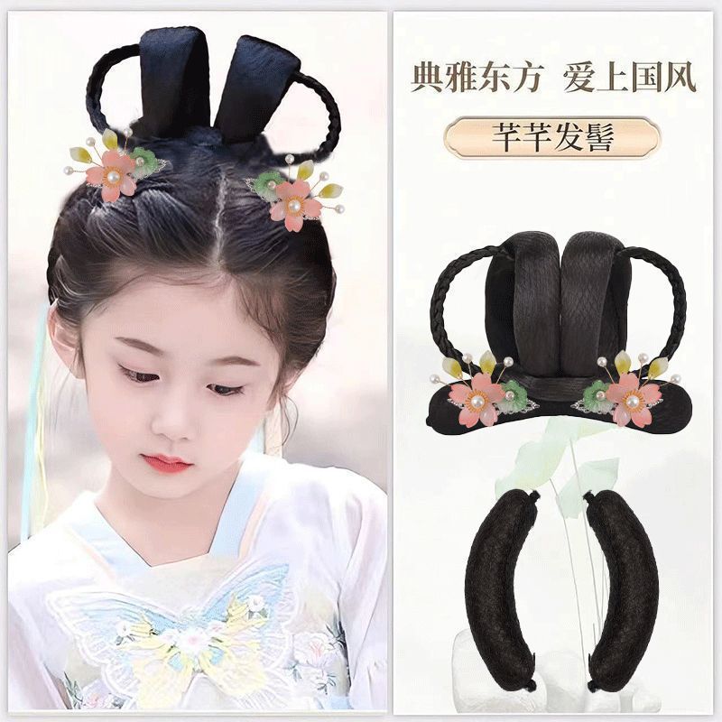 子供用古代衣装ヘアピース、かわいい女の子用漢服風ヘアピースセット、シンプルで多用途な古代風おだんごヘアバッグ|undefined