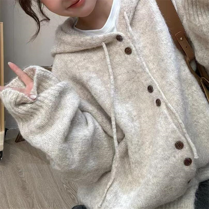 温柔风软糯纯色连帽针织开衫女2025秋冬新款宽松慵懒百搭毛衣外套|undefined