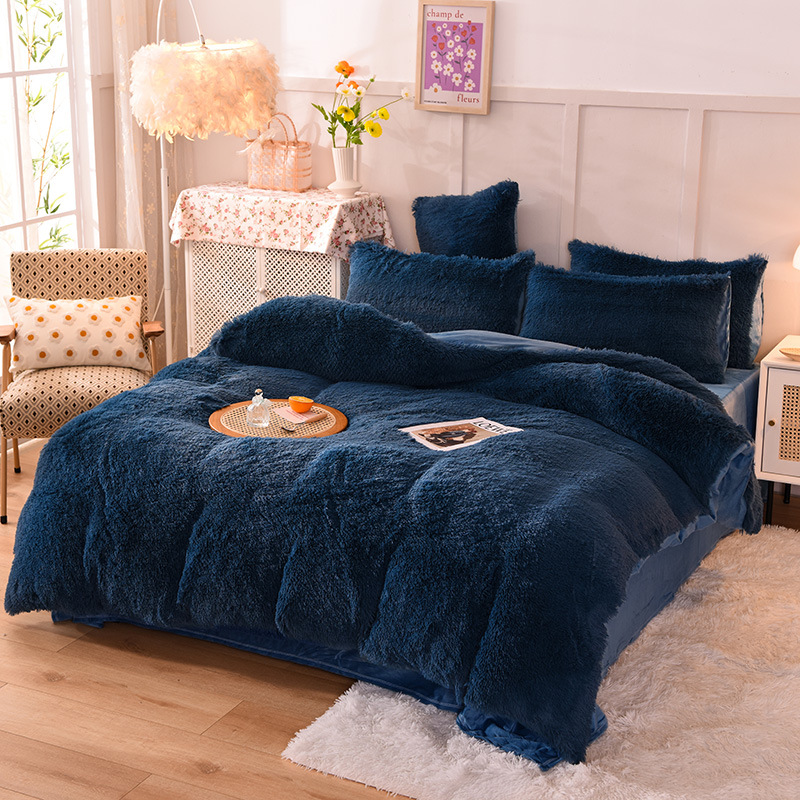 Sábana de cuatro piezas para cama de terciopelo de visón grueso, funda de edredón de felpa cálida de invierno, juego de cuatro piezas de terciopelo de cristal de color sólido