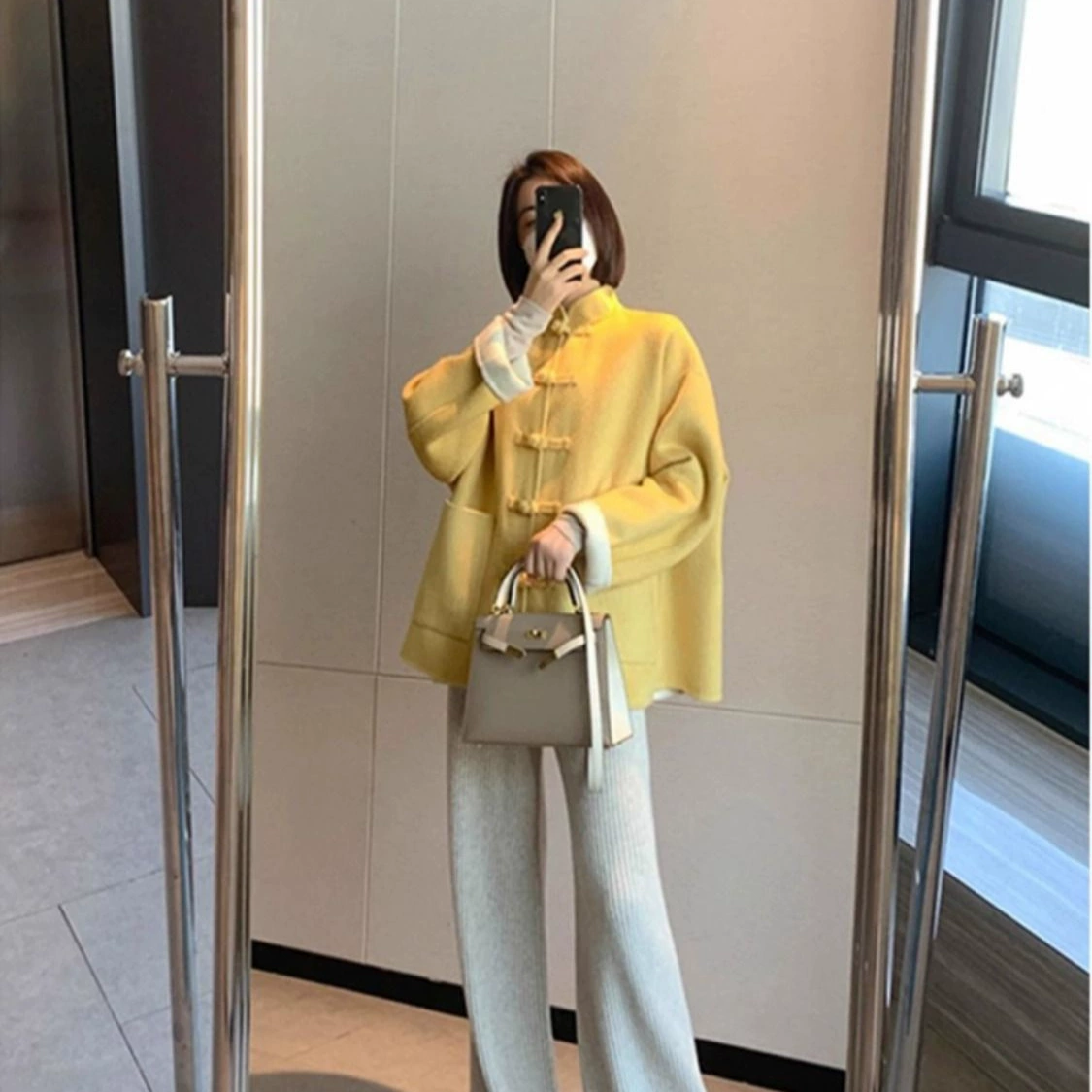 Новое желтое шерстяное пальто в китайском стиле, Женская осенне-зимняя повседневная мода, свободный маленький Универсальный Зимний топ с длинными рукавами