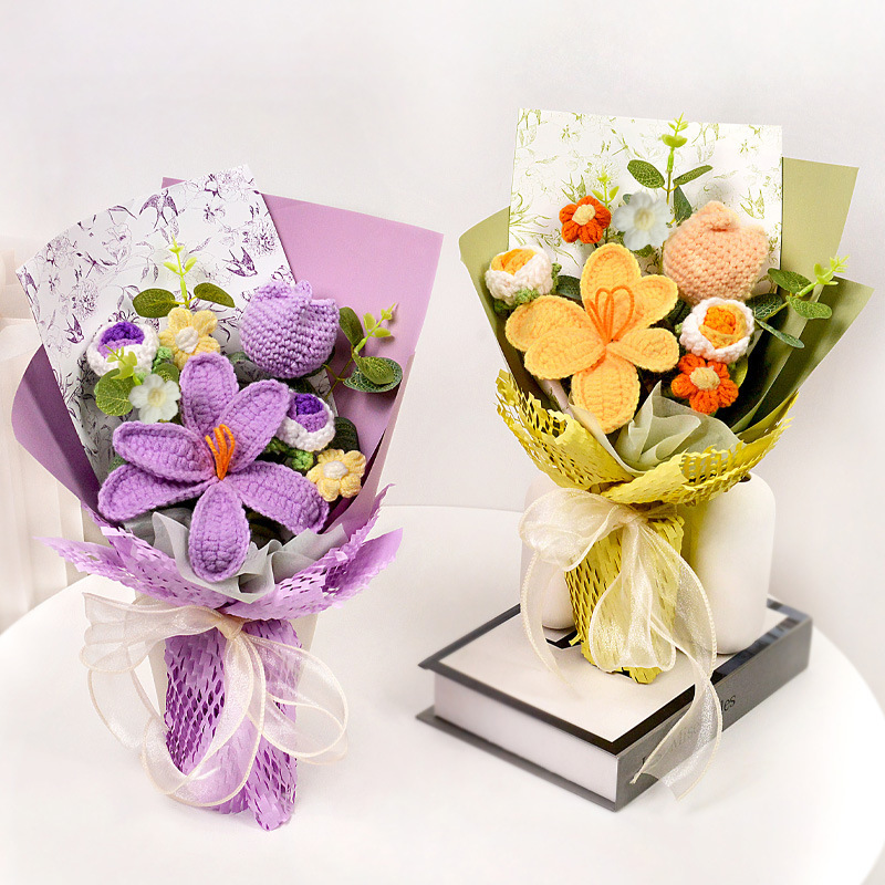 Flores de lana hechas a mano, flores de ganchillo, ramos terminados, tulipanes, rosas, festivales de cumpleaños, novias, ancianos
