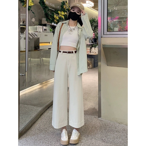 White Wide Leg Denim Pants for Women - Summer 2025 Loose High-Waist Slim Straight Cut Nine-Sixth Pants Banana Grandma Pants