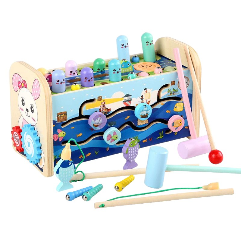 Niños de madera multifuncional siete en uno música hámster bebé tocando piano dibujos animados pesca juguetes educativos 1-3 años