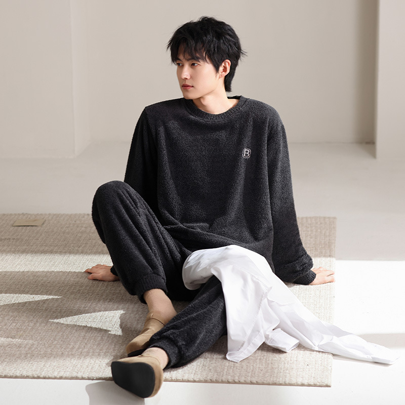 Warm Pajamas for Men in Autumn and Winter Fleece-Lined and Thickeneded Long-Sleeved Pants 2025 New Half-Velvet Large Size Home Wear Set