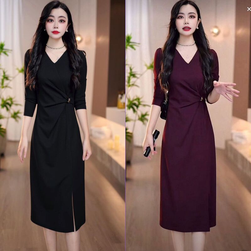 Shengmei Super Pretty Red Dress for Women 2025 New Autumn V-Neck Slimming Everyday Wear Wedding Banquet Dress A-Line Skirt
