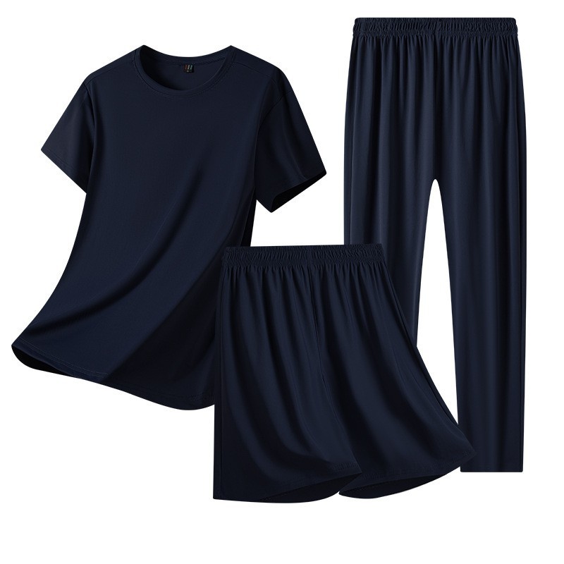 Detention Center Summer Ice Silk Loose Men's Three-Piece Sports Suit Large Size Fashionable Casual Round Neck Short-Sleeved Thin Style