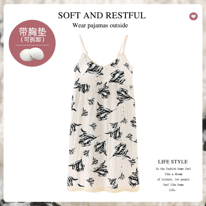 Camisón de verano con el cojín del pecho Correa chica burbuja algodón borla pijamas puro deseo viento sin mangas Delgado lindo homewear
